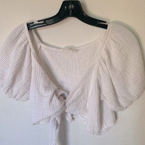 Audrey white cotton quilt tied peasant blouse balletcore puffed sleeves crop top